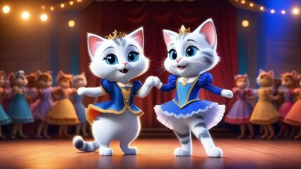 Fototapeta premium A couple of cats are dancing on stage in a blue dress and a black suit. The cats are surrounded by other cats in various costumes