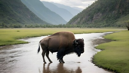 a-buffalo-grazing-peacefully-near-a-river-
