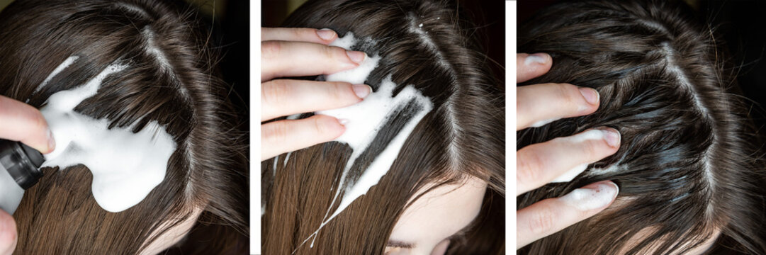 Applying foam for hair styling.
