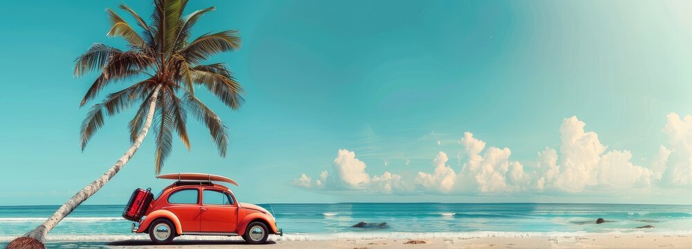 summer holiday concept vintage van with luggage , surfboard and beach accessories on the beach, palm tree, blue sky, summer vacation.