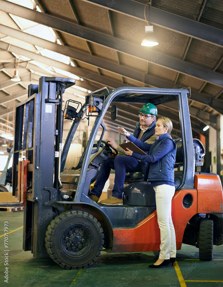 Poster talking, warehouse and workers with forklift working on site, loading on dock with industrial moving