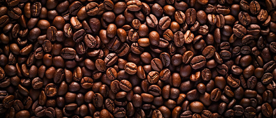 Fototapeta premium Coffee beans texture for background. Roasted coffee beans on the table for background or design, top view.