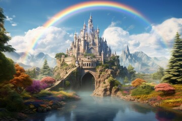 A mystical castle with a rainbow bridge connecting it to a distant mountain range - obrazy, fototapety, plakaty