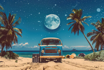 summer holiday concept vintage van with luggage , surfboard and beach accessories on the beach, palm tree, blue sky, summer vacation.