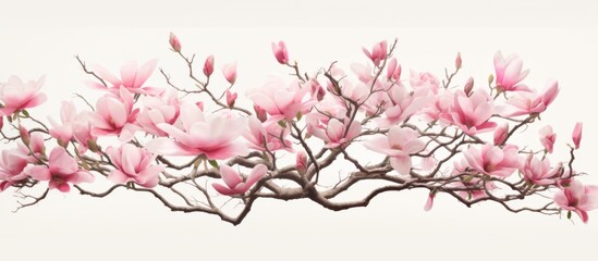 A beautiful magnolia tree branch with pink flowers set against a pristine white background,...