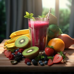 A glass of freshly made smoothie with fruits and vegetables