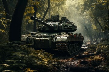 A Ukrainian tank parked in a forest, with foliage growing around it - obrazy, fototapety, plakaty