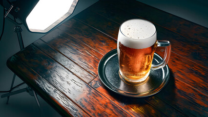 A glass of beer placed on a wooden table. The beer is illuminated by professional lighting. - Powered by Adobe