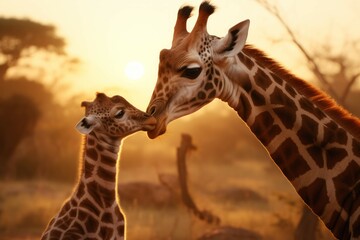 A baby giraffe stretching its neck to reach its mother's face