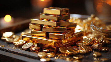 A pile of gold bars and gold coins is on a table.