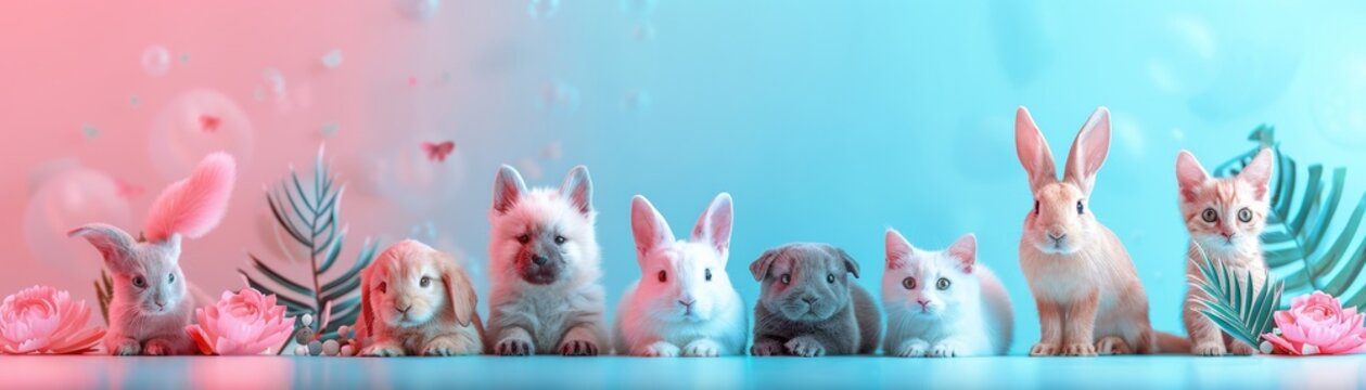 A group of small animals, including rabbits and cats, are standing in a row free space for text