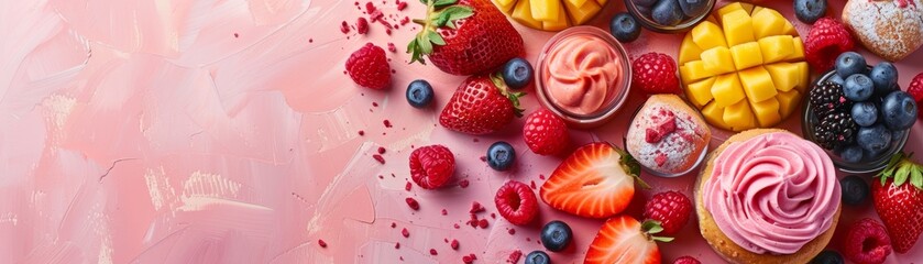 A colorful assortment of fruits and desserts, including strawberries free space for text