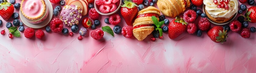 A pink background with a variety of desserts and fruit free space for text - obrazy, fototapety, plakaty