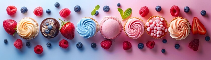 A row of cupcakes with different flavors and colors, including blueberry free space for text