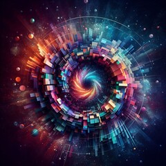This digital artwork portrays an abstract representation of a swirling galaxy enclosed by a ring-like formation of vibrant geometric patterns. - obrazy, fototapety, plakaty