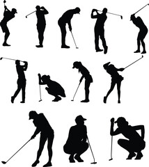 Set of golf player silhouette in various pose illustration - obrazy, fototapety, plakaty