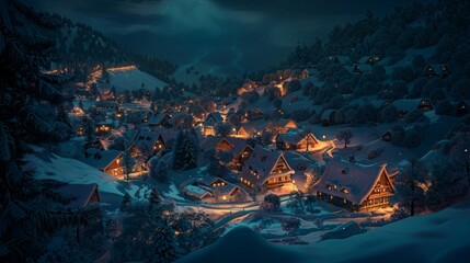 Night Scene of a Village Aglow With Lights