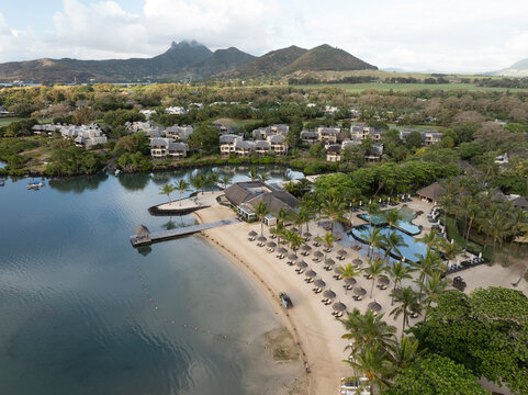 Aerial view of Anahita hotel resort on the beautiful coastal shoreline of Mauritius, Flacq.