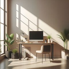 Minimalist Office Space A clean, uncluttered office space with natural light streaming through a large window. Plants add a touch of life 