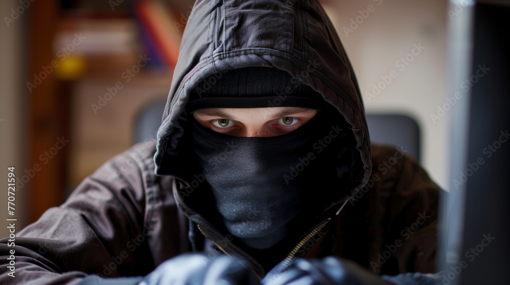 Poster a hacker in a black hood is trying to break into a computer system.