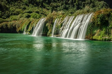 View of the Jiulong waterfall streaming down to a lake