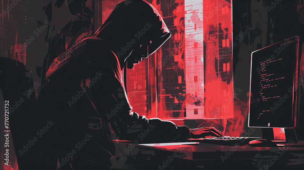 Poster a hacker in a black hood is trying to break into a computer system.