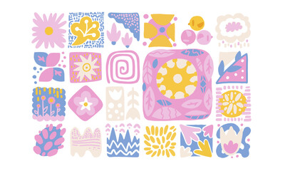 Seamless vector spring element set with flowers and geometric shapes. Modern flat style, colorful and cute.