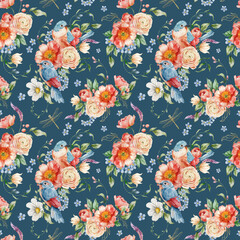 Watercolor floral seamless pattern of forget-me-not, peonies, ranunculi and song bird. Hand painted composition isolated on dark blue background. Flowers Illustration for interior design or print.