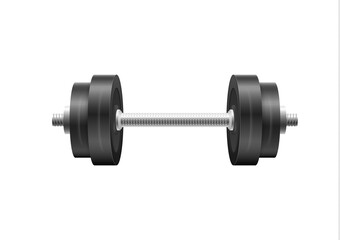 Emblems of steel barbells for bodybuilding and fitness. Metal 3d black dumbell isolated on white...