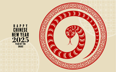 Happy chinese new year 2025 the snake zodiac sign logo with lantern,flower, and asian elements red paper cut style on color background. ( translation : year of the snake, happy new year 2025 )
