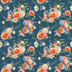 Watercolor floral seamless pattern of forget-me-not, ranunculi, peonies and song bird. Hand painted composition isolated on dark blue background. Flowers Illustration for interior design or print.