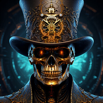  Skull with top hat- highly detailed, steampunk, intricate artwork masterpiece, ominous, matte painting movie poster.