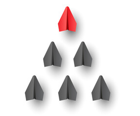 Individual red leader paper plane lead other. Business and leadership