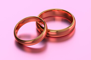Two wedding golden rings for couple. Unity, love, and romance