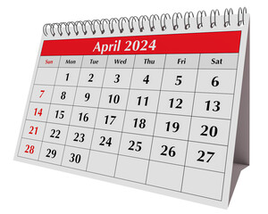 April 2024 calendar. Page of the annual business desk month calendar isolated on transparent png