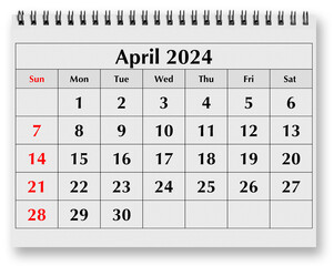 Page of the annual monthly calendar - April 2024