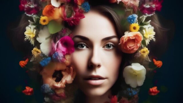 portrait of woman made of flowers, image of summer, seasons, Generative AI,