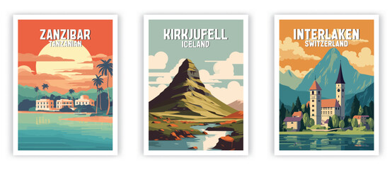 Zanzibar, Kirkjufell, Interlaken Illustration Art. Travel Poster Wall Art. Minimalist Vector art