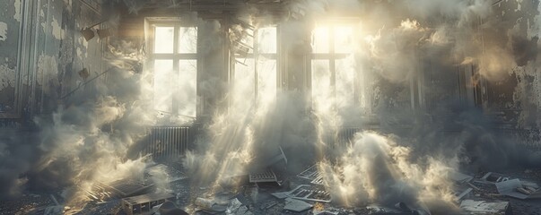 Artistic interpretation of smoke weaving through the ruins of a room after an air conditioner explosion Abstract, impactful.