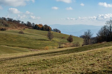 Fototapeta premium Scenic landscape featuring an undulating green hillside with distant mountains in the background