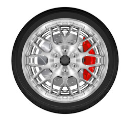 Silver car wheel with brake caliper brake disc and tire