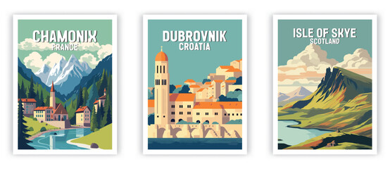Chamonix, Durbovnik, Isle of Skye Illustration Art. Travel Poster Wall Art. Minimalist Vector art