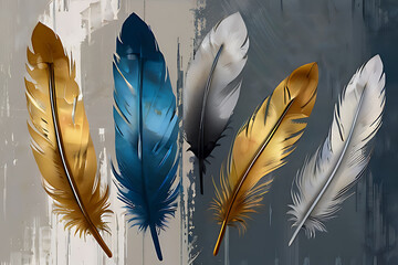 Vintage illustration with feathers blue and gold brush