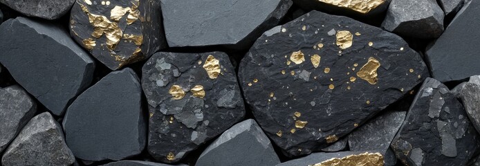 Texture of slate stones of different sizes with gold confetti. Wide panorama, dark gray slate texture and bright shiny gold. Wallpaper, design, decor concept