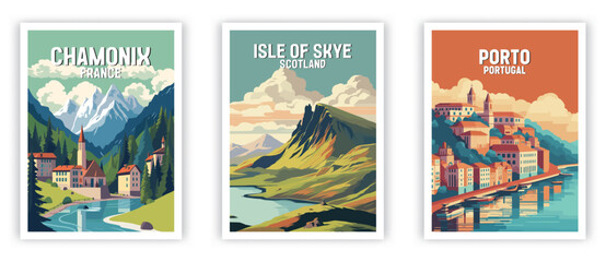 Chamonix, Isle of Skye, Porto Illustration Art. Travel Poster Wall Art. Minimalist Vector art