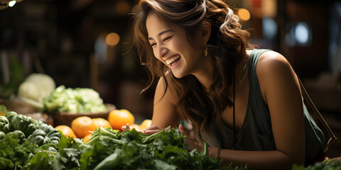 Portrait of a beautiful joyful woman surrounded by fresh juicy vegetables