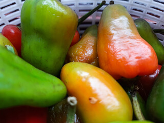 The large red and green chilies look fresh in the basket
