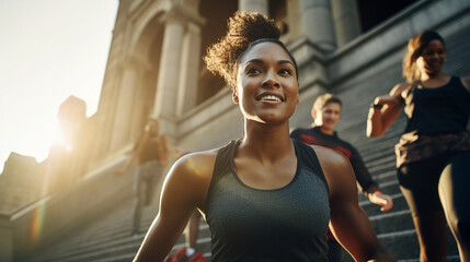 Young smiling fitness woman resting after jogging in the city