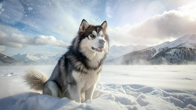 Husky dog ​​sitting in the middle of a snowy desert and snowfall