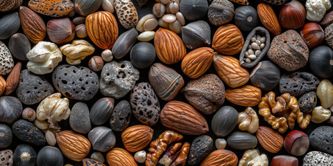Assorted nuts and seeds arranged in a pattern on top of each other for a healthy and nutritious background